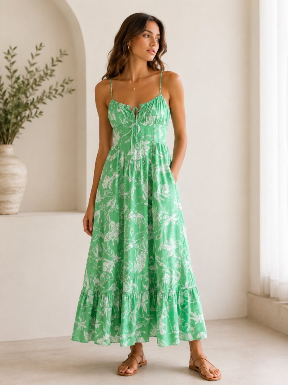 American Eagle Outfitters Tropical Print Smocked Maxi Dress Green XS